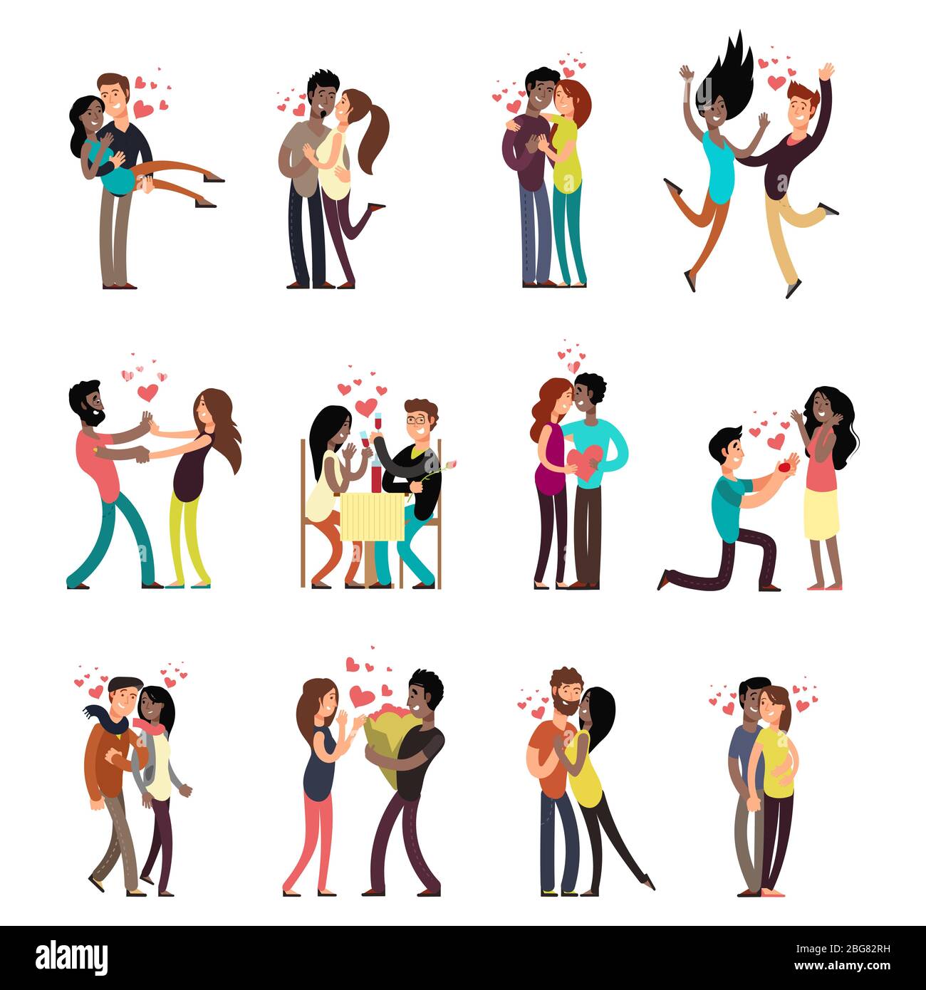 Feliz joven interracial parejas en la colección de amor vector dibujos animados personajes ilustración Ilustración del Vector