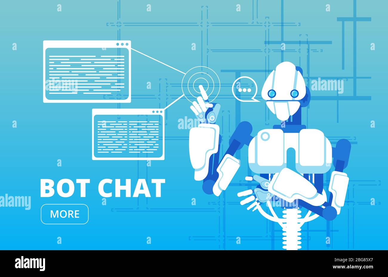 Bot chat. Robot apoyo chatbot virtual asistencia de negocios vector concepto. Bot de chat virtual, ilustración en línea del robot de servicio Ilustración del Vector