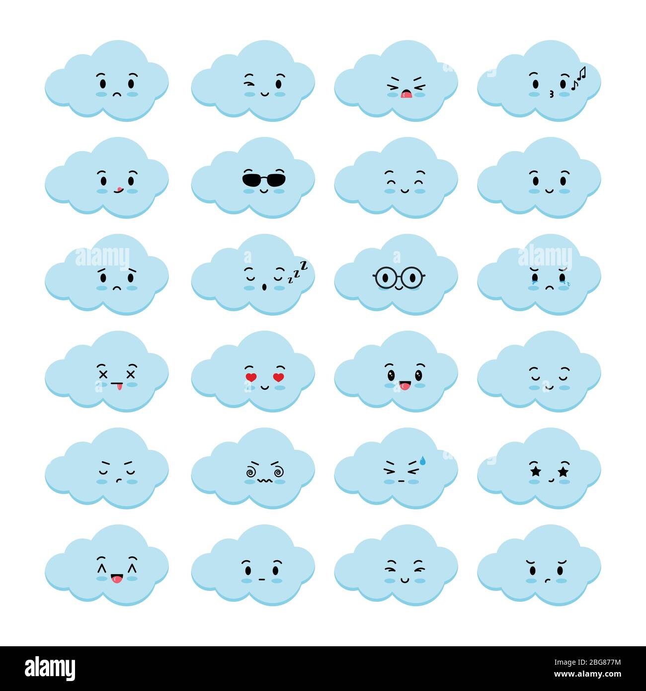 Nubes iconos emoji vector conjunto aislado sobre fondo blanco. Colección de  kawaii lindo, dulce y divertido emoticones chico signos de la nube. Dibujos  animados estilo plano d Imagen Vector de stock -