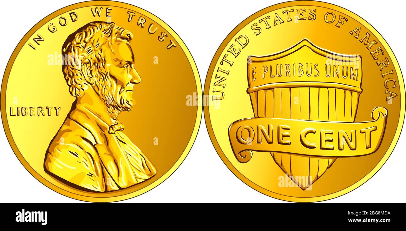 Dinero estadounidense Lincoln Union Shield, Estados Unidos un centavo o un centavo, moneda con el presidente Abraham Lincoln en anverso y escudo de la Unión en reverso Ilustración del Vector