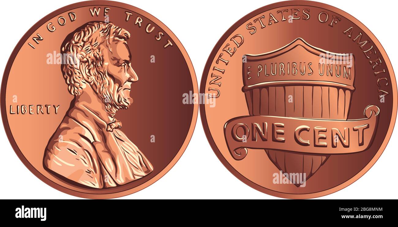 Dinero estadounidense Lincoln Union Shield, Estados Unidos un centavo o un centavo, moneda con el presidente Abraham Lincoln en anverso y escudo de la Unión en reverso Ilustración del Vector