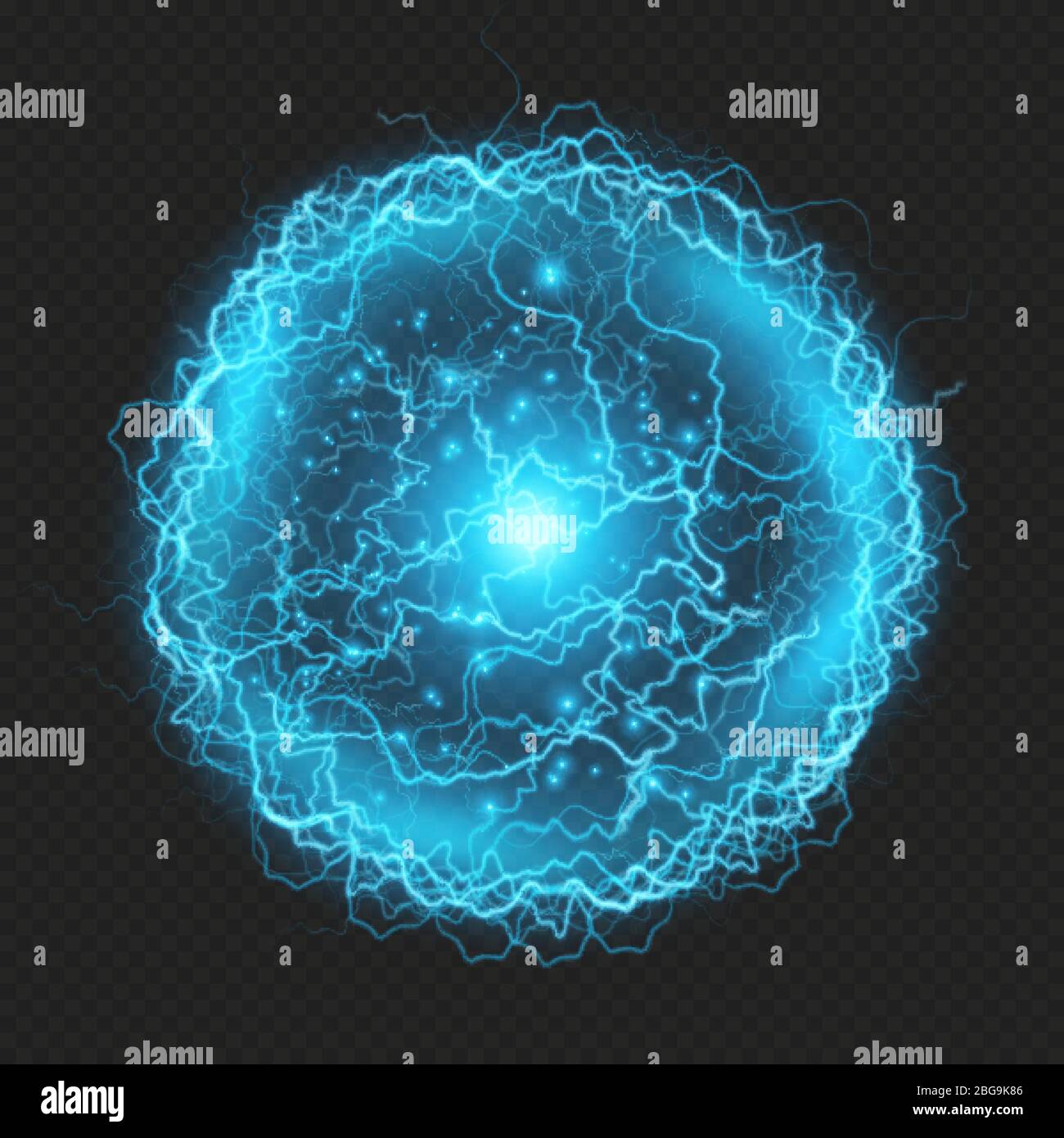 Efecto realista de la esfera de impacto de descargas eléctricas potentes y potentes sobre un fondo transparente. EPS 10 Ilustración del Vector