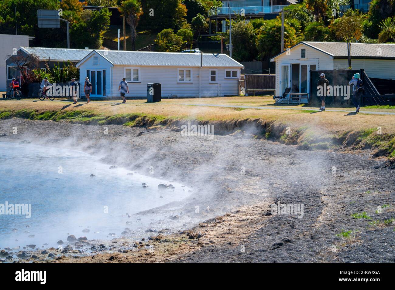 Vapor que sale de la playa de agua caliente en las orillas del lago Taupo, Isla Norte, Nueva Zelanda Foto de stock