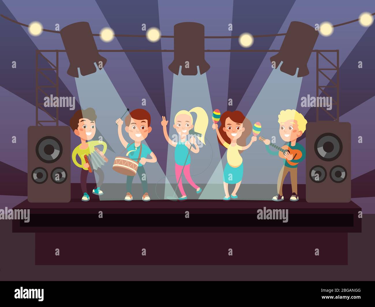 Espectáculo musical con banda infantil tocando rock en el escenario ilustración vectorial de dibujos animados. Concierto de música rock, músicos niños con interpretación de guitarra Ilustración del Vector