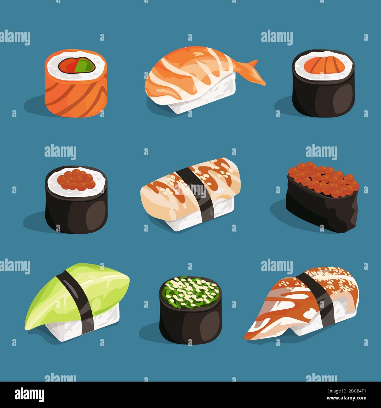Conjunto de comida asiática clásica. Arroz blanco, sushi, salmón nori y diferentes panecillos. Imágenes vectoriales en estilo de dibujos animados Ilustración del Vector