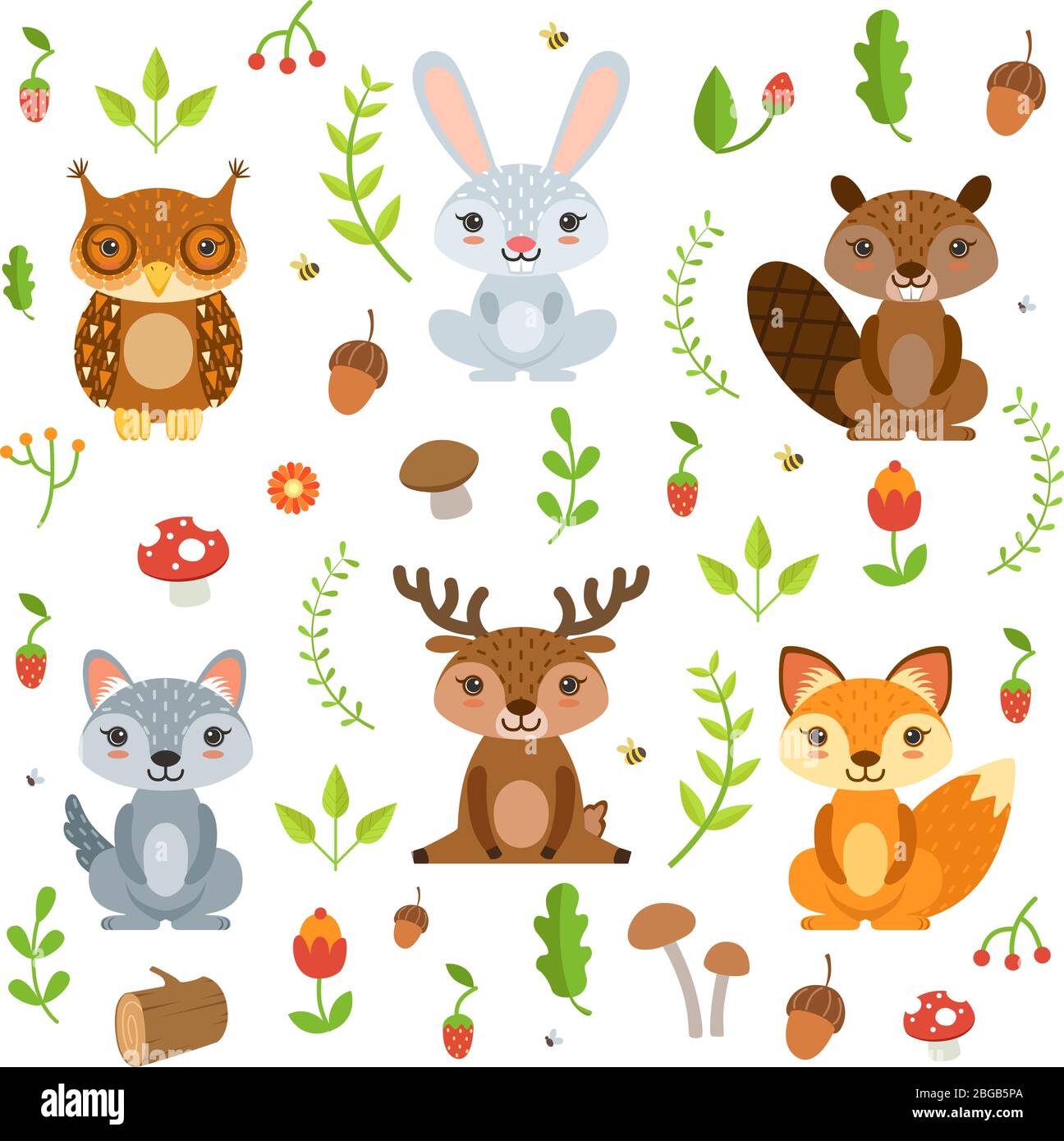 Animales del bosque en estilo de dibujos animados. Los caracteres  vectoriales se establecen en blanco Imagen Vector de stock - Alamy