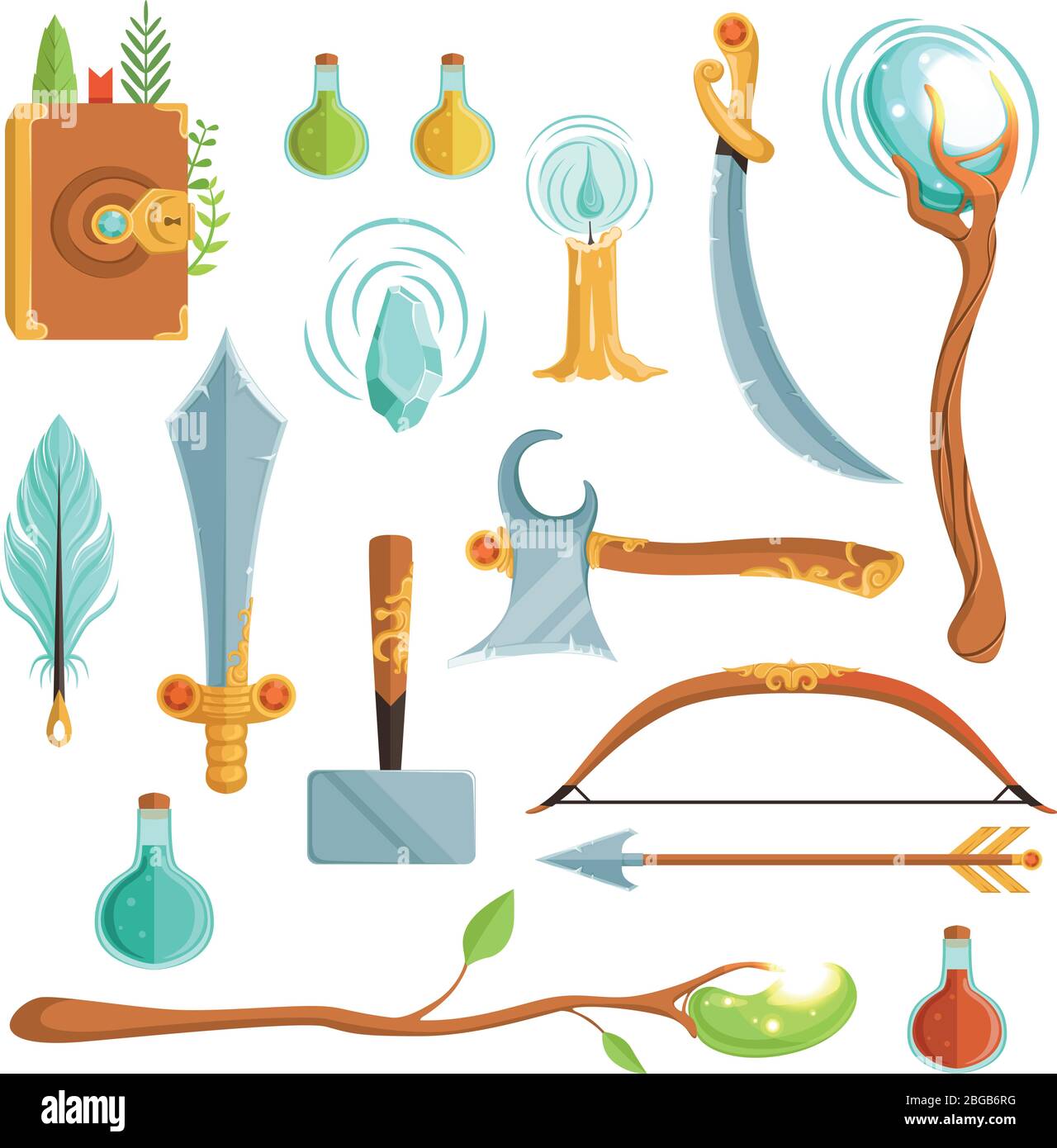 Vector conjunto de armas de fantasía mágica. Ilustraciones para juegos de ordenador Ilustración del Vector