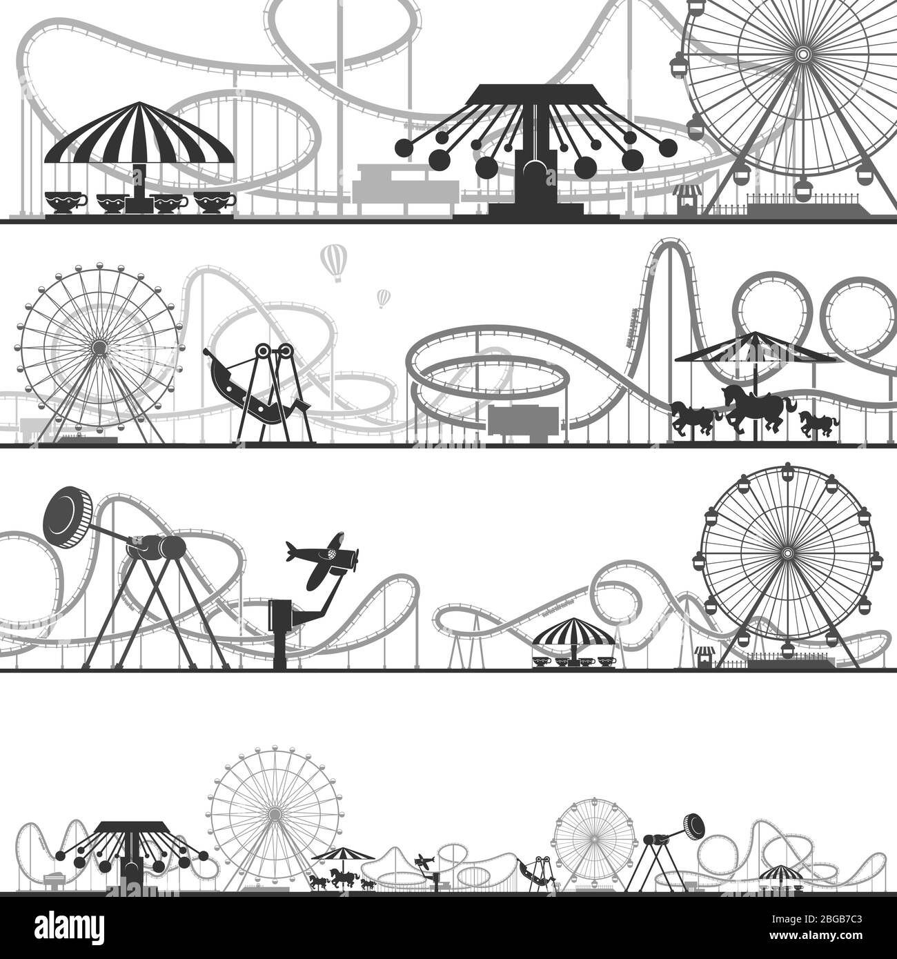 Conjunto de siluetas horizontales de parques de diversiones. Ilustraciones vectoriales de posavasos con ruedas Ilustración del Vector