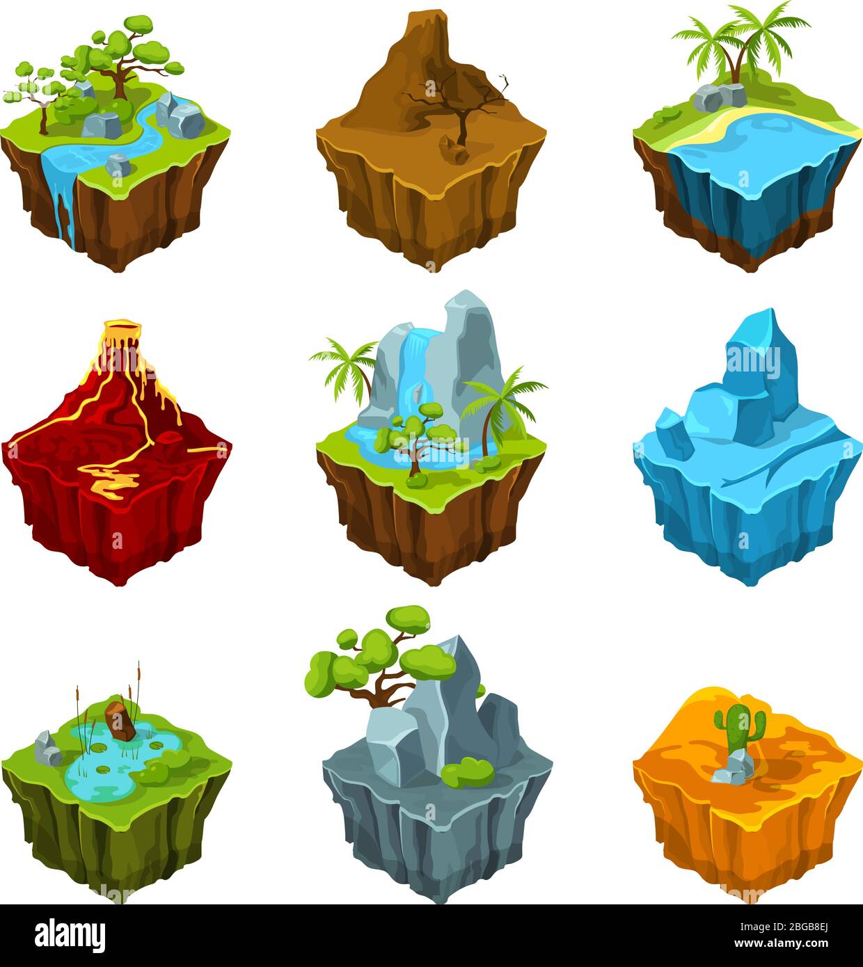 Fantasy islas isométricas con vulcanos, diferentes plantas y ríos. Elementos de interfaz en estilo de dibujos animados. Imágenes vectoriales para juegos de ordenador Ilustración del Vector