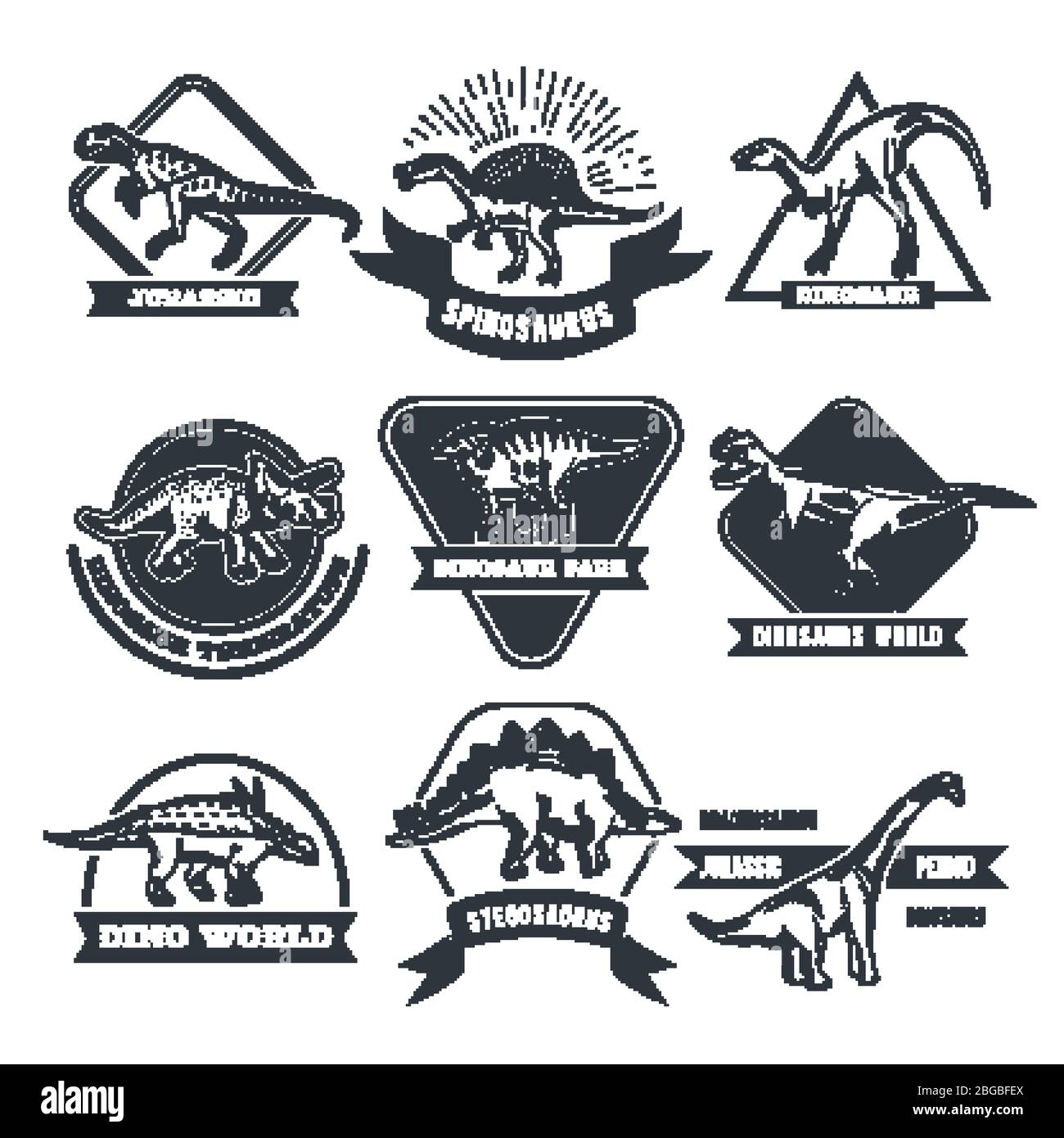 Etiquetas de grunge monocromas con diferentes dinosaurios Ilustración del Vector