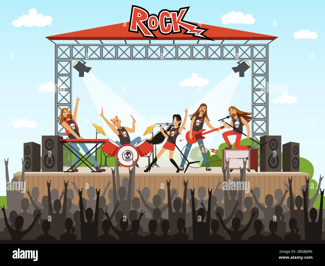Banda de rock en el escenario. Gente en concierto. Actuación musical.  Ilustración vectorial en estilo de dibujos animados Imagen Vector de stock  - Alamy