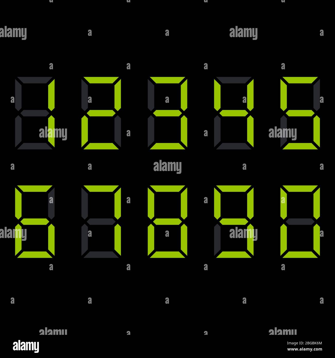 La pantalla del reloj de números electrónicos de dígitos se muestra en verde negro Ilustración del Vector