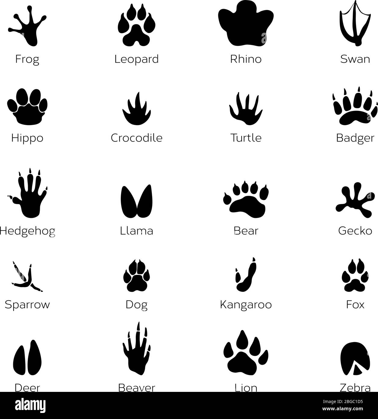 Huellas negras formas de animales. Elefante, leopardo, reptil y tigre. Pasos diferentes Ilustración del Vector