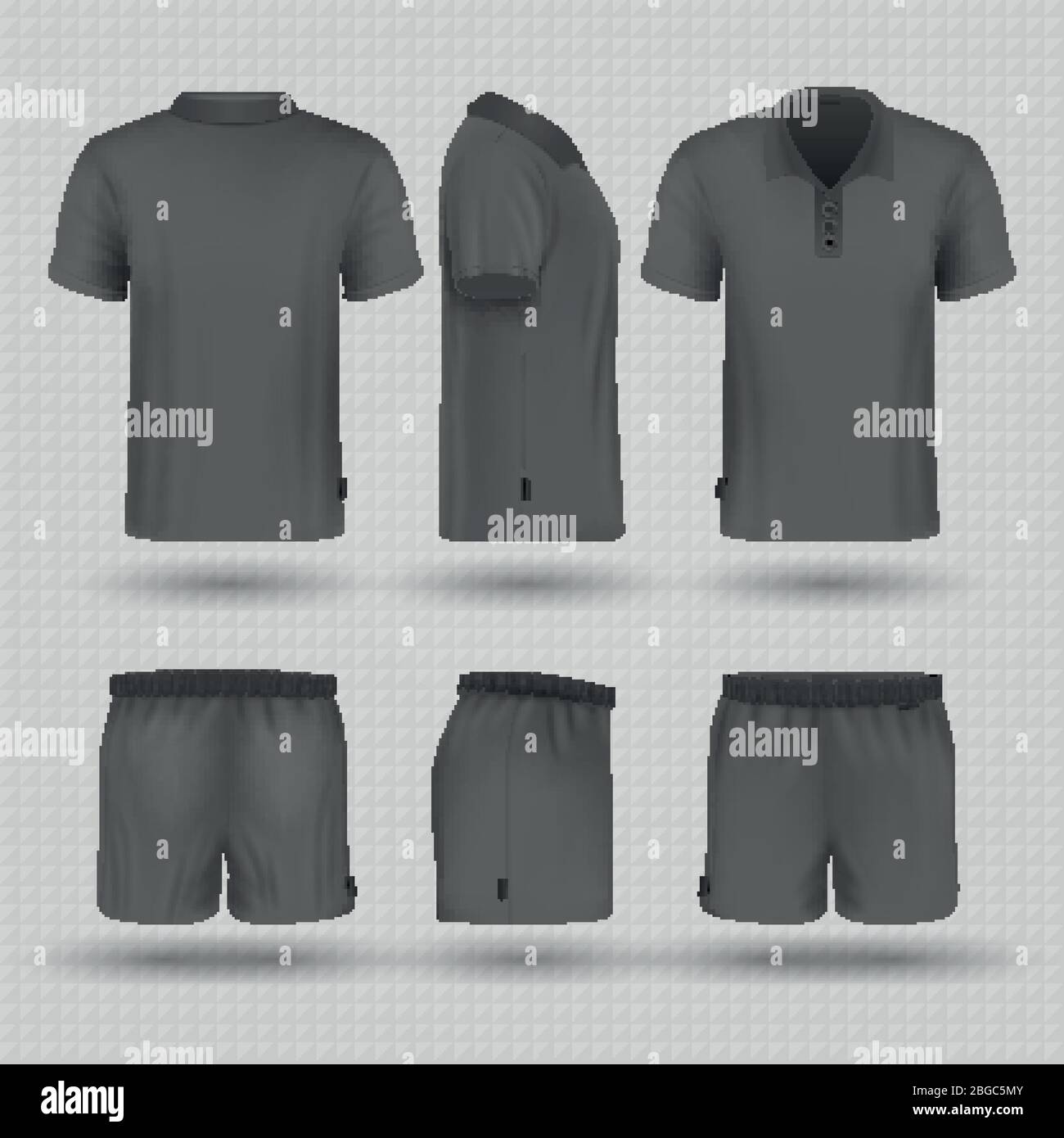 Uniforme deportivo negro de fútbol. Pantalón corto y camiseta masculina  vista frontal, lateral y trasera de la vista vectorial de la moceta.  Ilustración de camiseta y corto para deporte Imagen Vector de