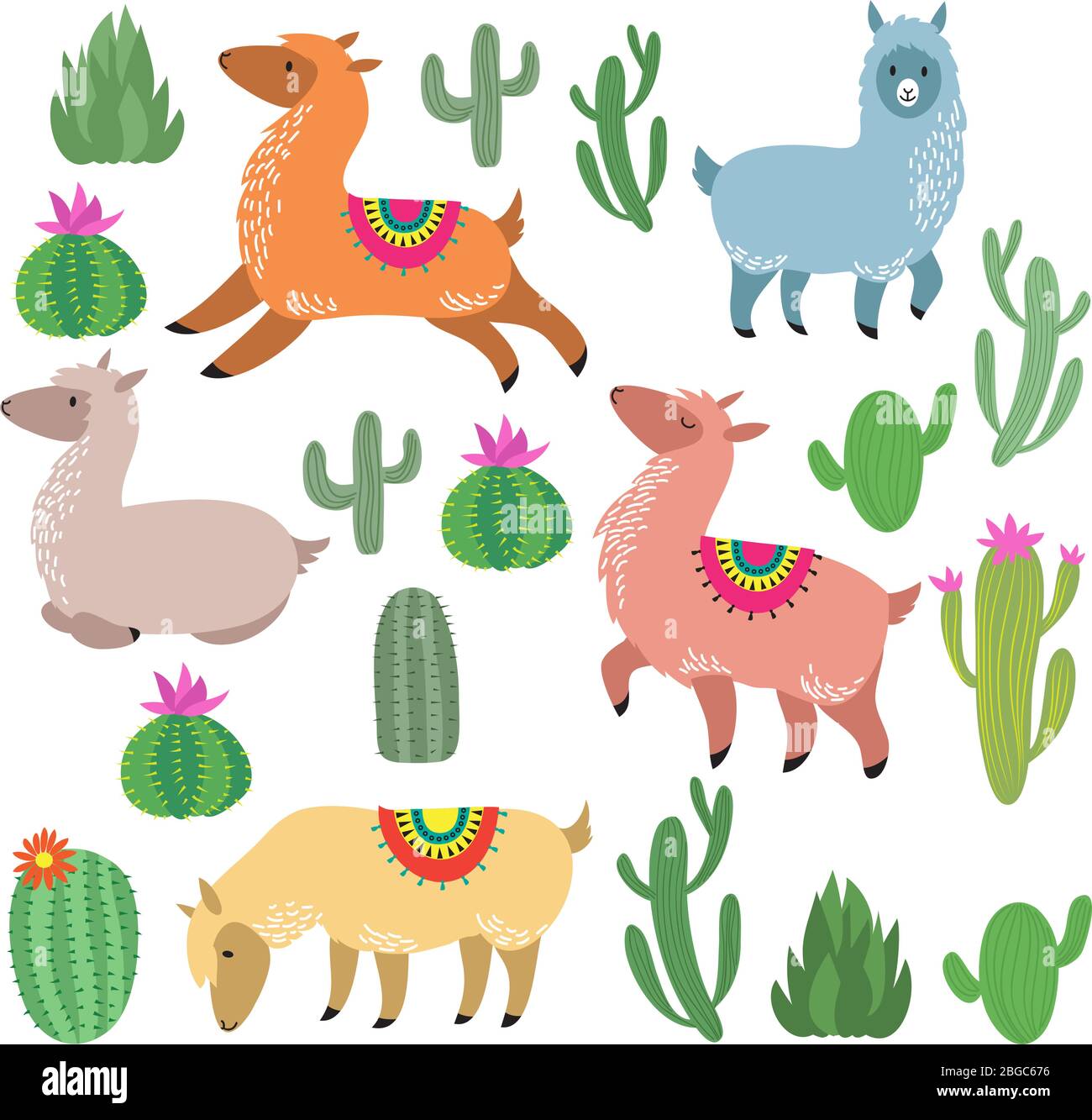 Lindos lamas de alpaca. Personajes de llama vector de vida silvestre. Alpacas de la fauna silvestre y cactus verde ilustración Ilustración del Vector