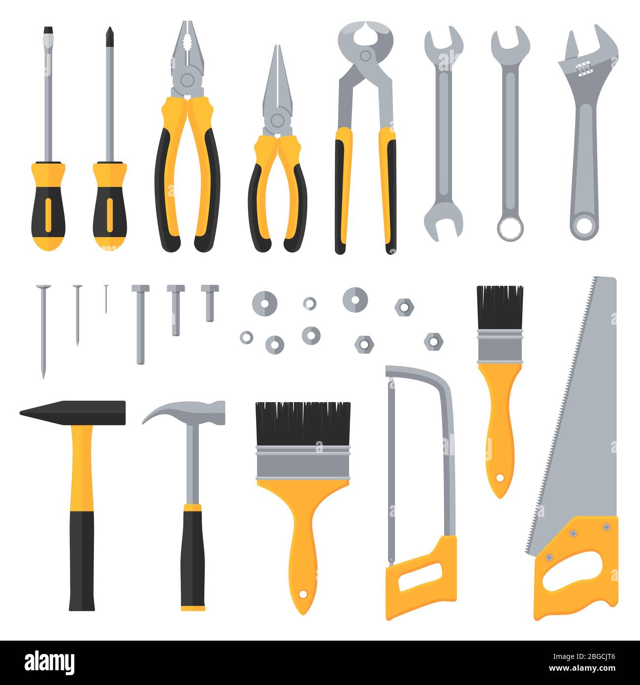 Hardware de construcción herramientas industriales vector iconos planos.  Ilustración de sierra y martillo, instrumento para trabajo y reparación  Imagen Vector de stock - Alamy