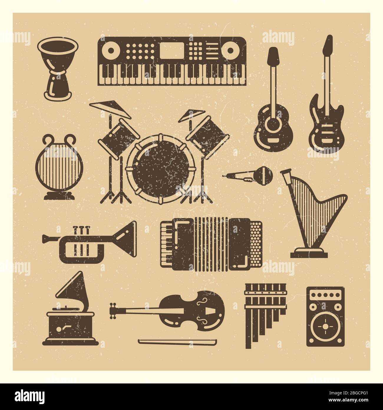 Instrumentos de música clásica grunge siluetas conjunto. Instrumento musical vectorial e ilustración de sonido musical Ilustración del Vector