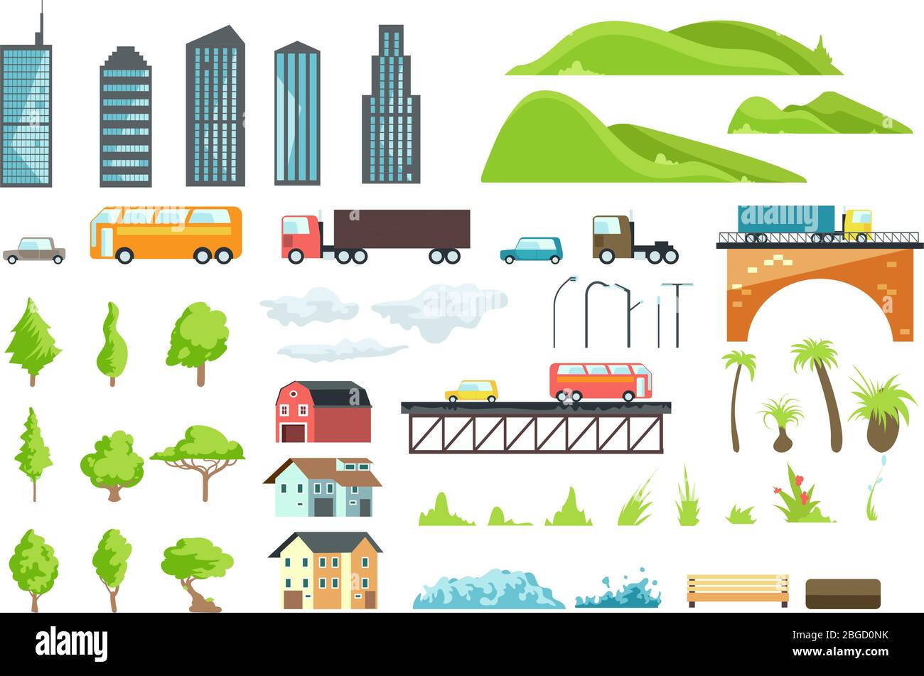 Plano ciudad cartografía elementos vectoriales con transporte urbano, carretera, árboles y edificios. Ilustración de puente y automóvil, césped verde y banco para interfaz Ilustración del Vector