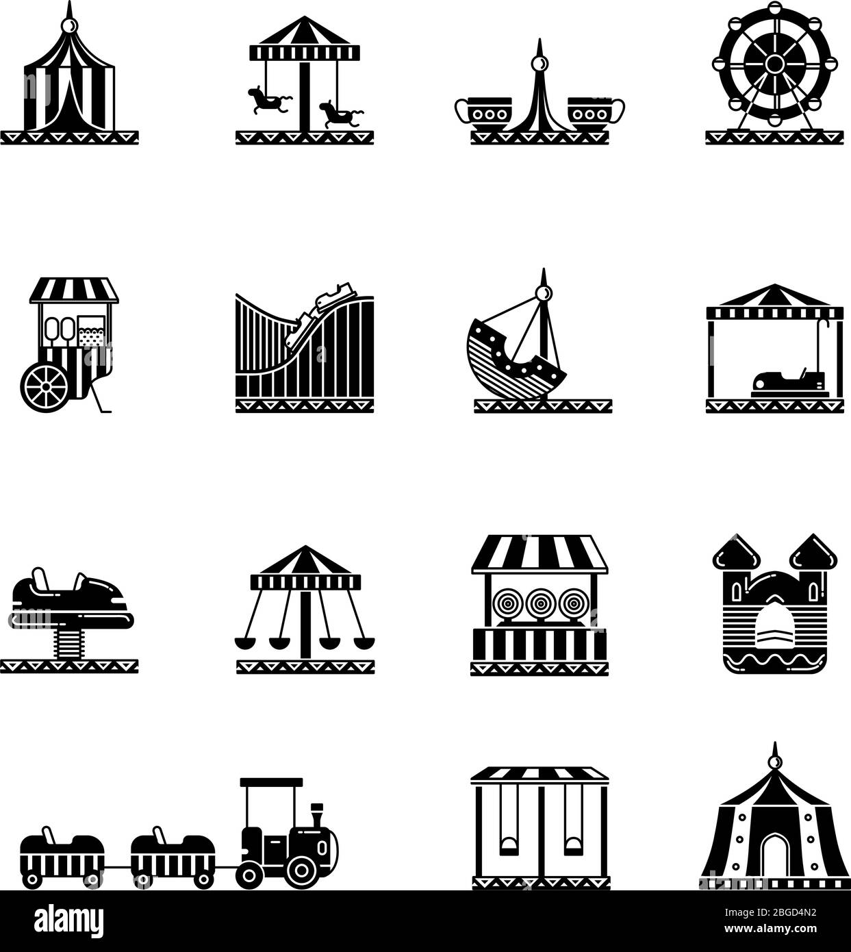 Icono negro conjunto de parque de atracciones, carrusel y otras atracciones. Ilustraciones vectoriales Ilustración del Vector