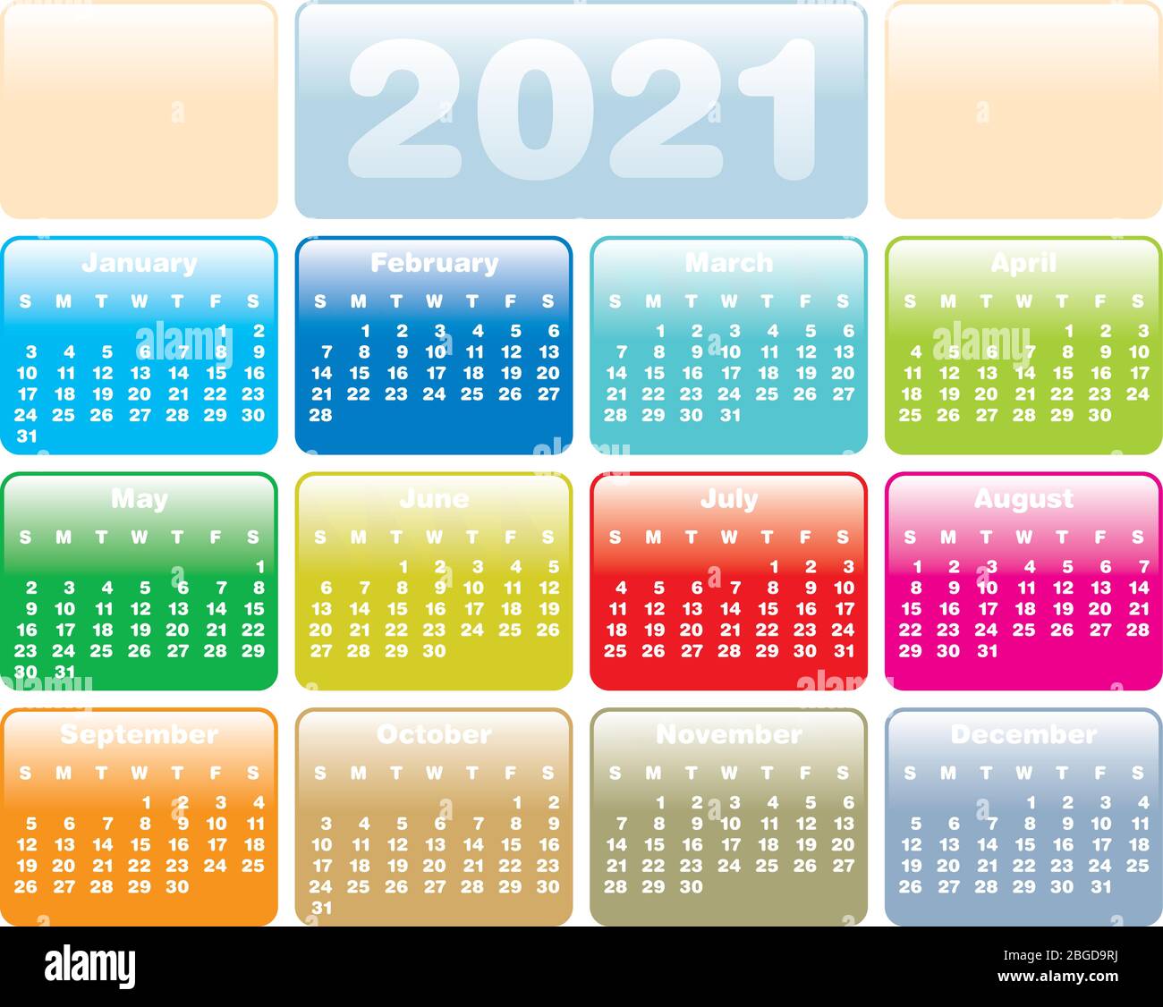 Calendario colorido para el año 2021, en formato vectorial. Ilustración del Vector