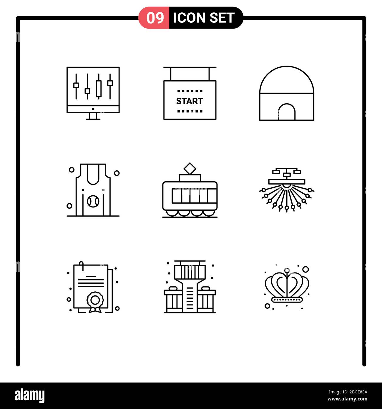 Paquete de interfaz de usuario de 9 contornos básicos de ferrocarril, deportes, inicio, Jersey, mezquita elementos de diseño vectorial editables Ilustración del Vector