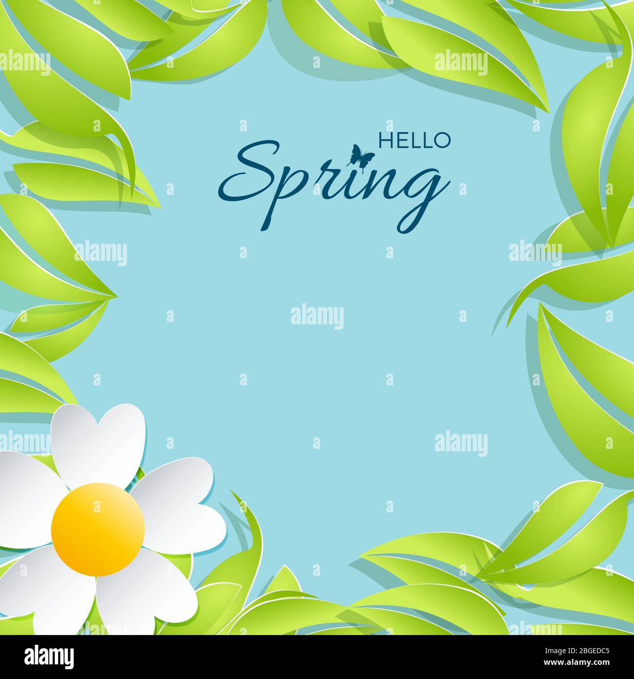 Fondo de diseño de primavera. Tarjeta para la temporada de primavera con  marco y hojas y flores. Ilustración vectorial para portada o póster Imagen  Vector de stock - Alamy