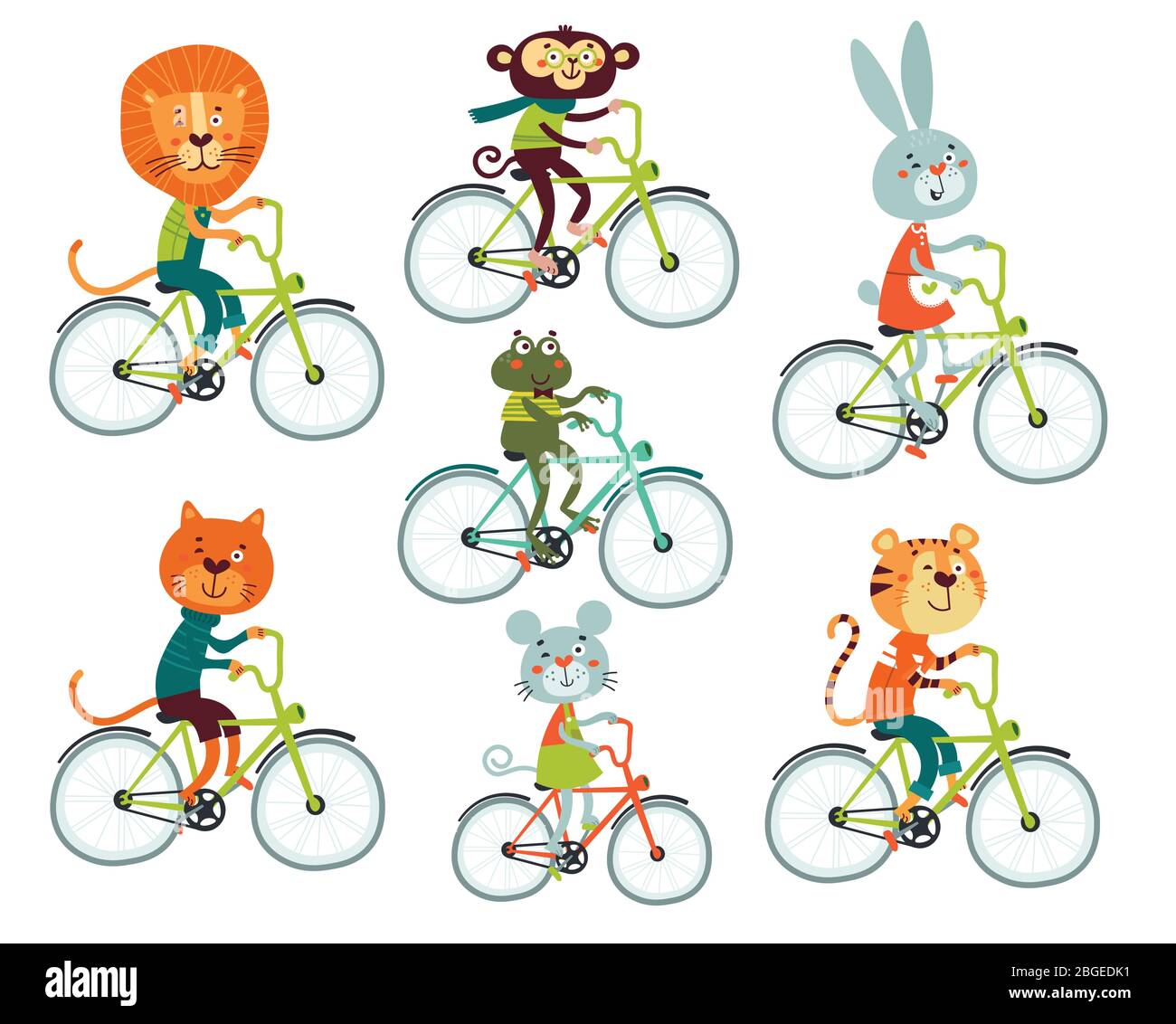 Lindo dibujos animados animales león, tigre, conejo, rana, mono, ratón  montar en bicicleta Imagen Vector de stock - Alamy