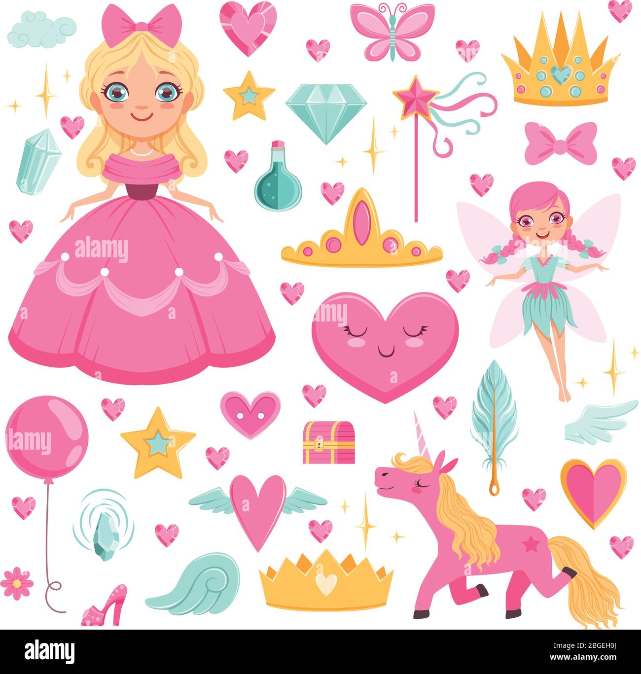 Princesa con unicornio de cuento de hadas, mago y sus elementos mágicos. Conjunto de imágenes vectoriales Ilustración del Vector