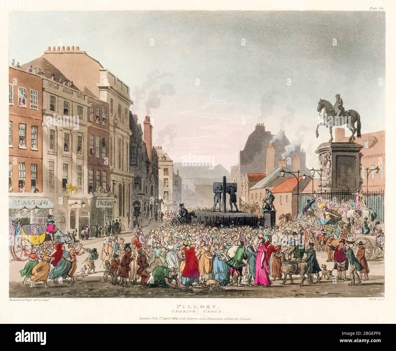 Thomas Rowlandson & Augustus Charles Pugin, 'Pillory', Charing Cross, (acciones públicas), grabado, 1808-1810 Foto de stock