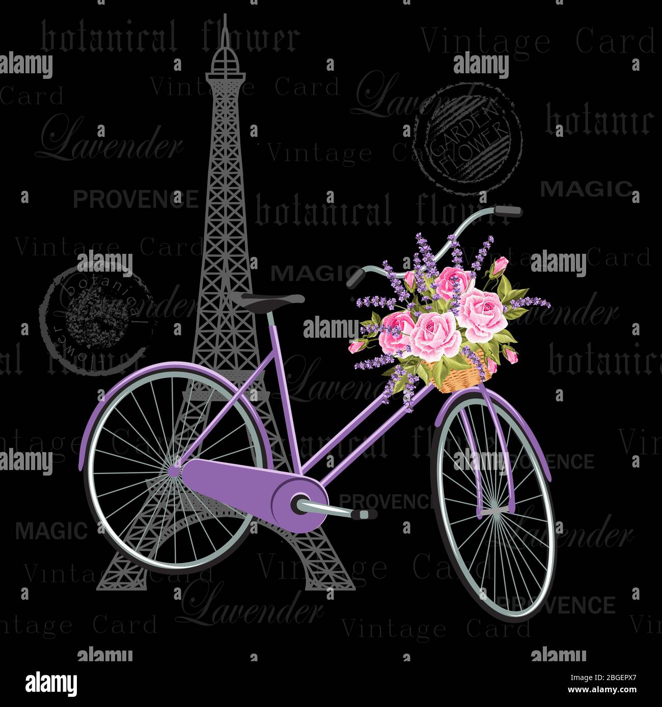Postal vintage con Torre Eiffel y bicicleta Imagen Vector de stock - Alamy