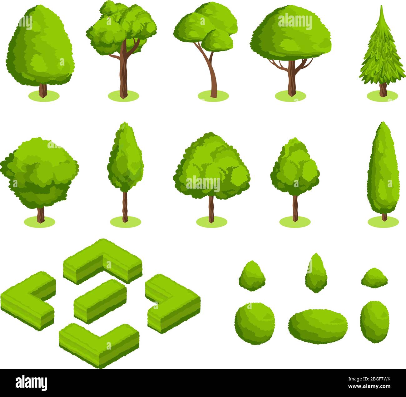 Parque vectorial 3d isométrico y árboles y arbustos de jardín. Colección de plantas de bosque verde. Ilustración del entorno del árbol verde y el casquillo Ilustración del Vector