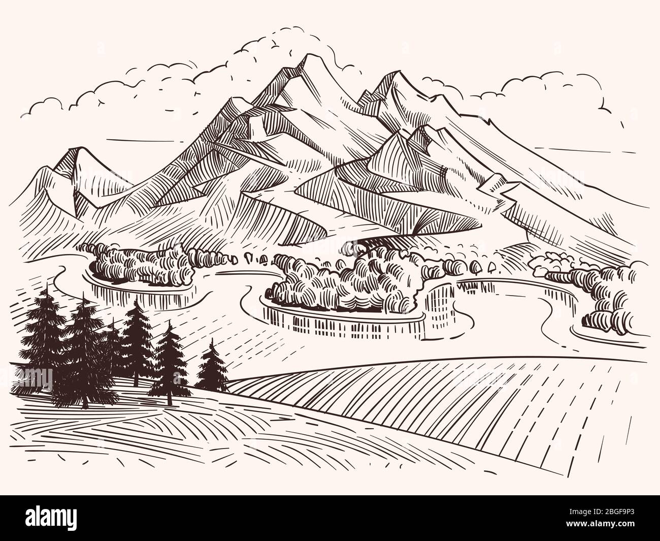 Dibujo a lápiz paisaje de montaña. Dibujo de dibujos animados montañas y  árboles de abeto ilustración vectorial. Paisaje bosquejo montaña, árbol y  pico colina Imagen Vector de stock - Alamy