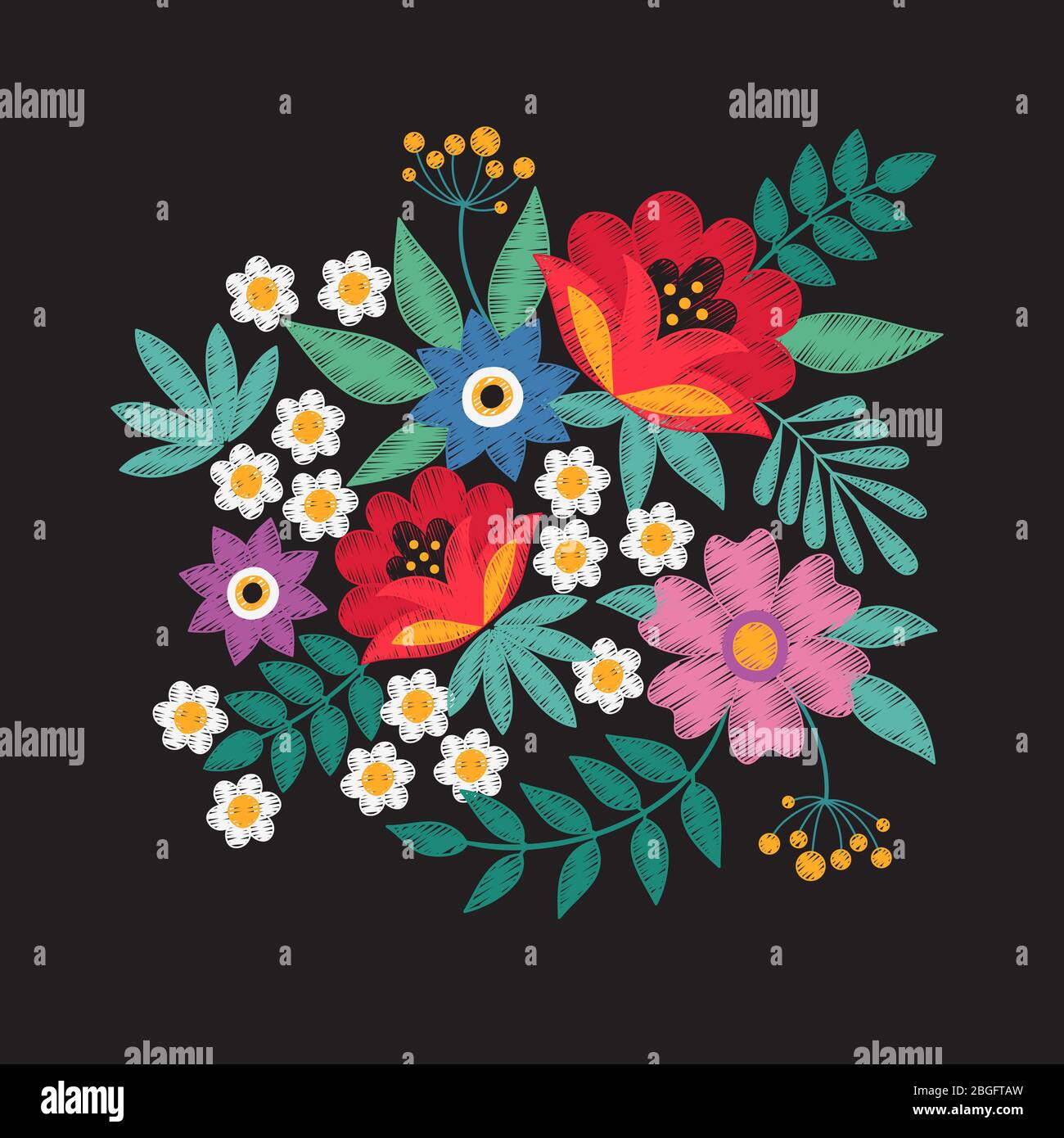 Ramo de flores de jardín. Bordado floral diseños de moda vector. Flor floral bordado patrón, moda étnico arte botánico ilustración Ilustración del Vector