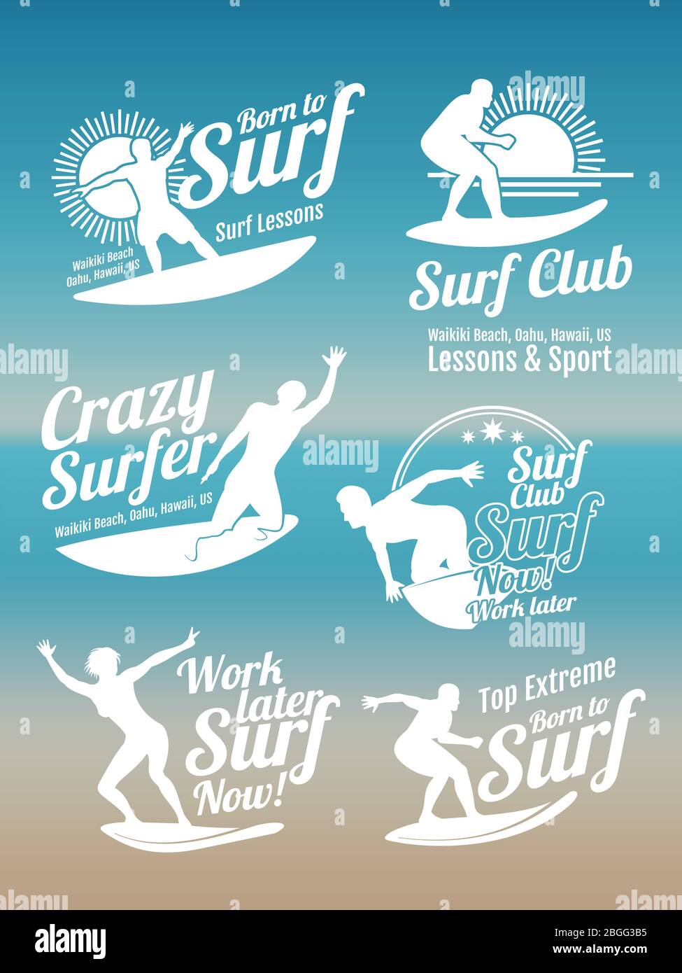 Blanco creativo verano surfing deportes vector colección de logotipos con surfista, surf board y olas del océano. Ilustración del deporte acuático de tablas de surf Ilustración del Vector
