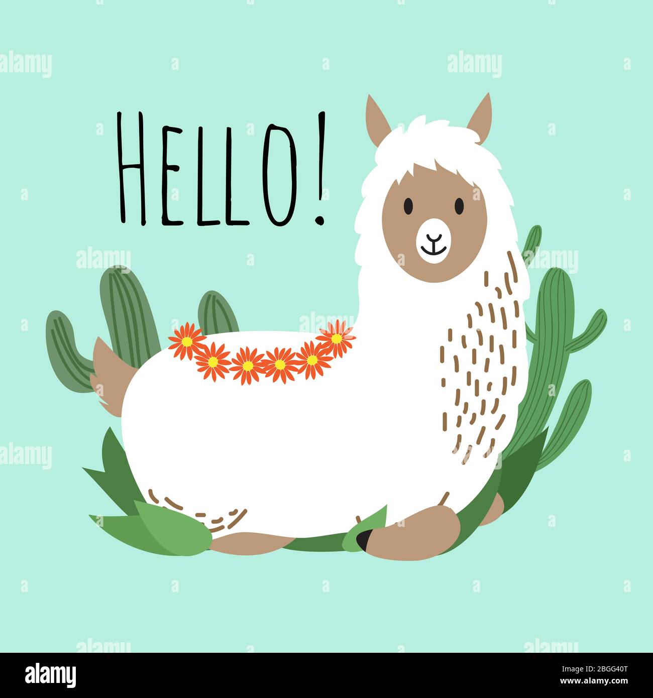Diseño de vectores de animales de lama de dibujos animados - tarjeta de saludo con alpacas y cactus verde ilustración Ilustración del Vector