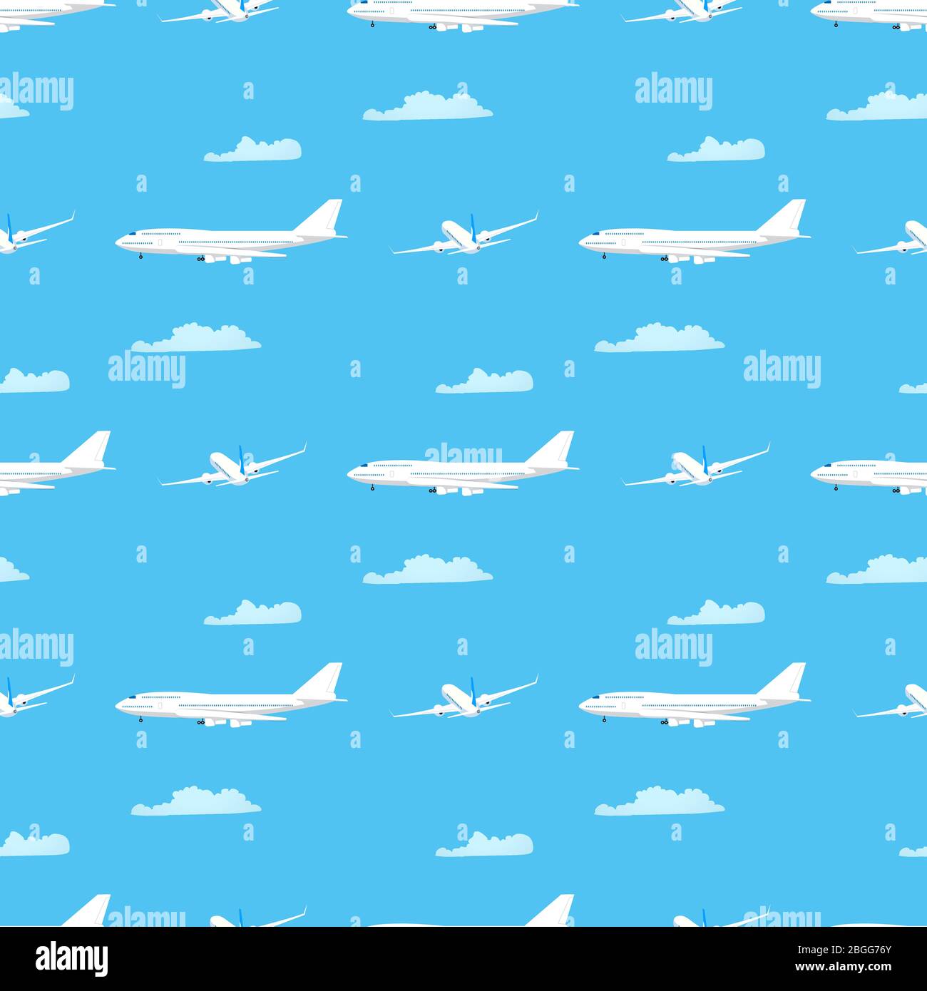 Patrón sin costuras en el tema de viaje de la aerolínea. Aviones y Nubes en  el cielo azul. Diseño de dibujos animados repetibles. Fondo de pantalla  para presentación de agencias de viajes.