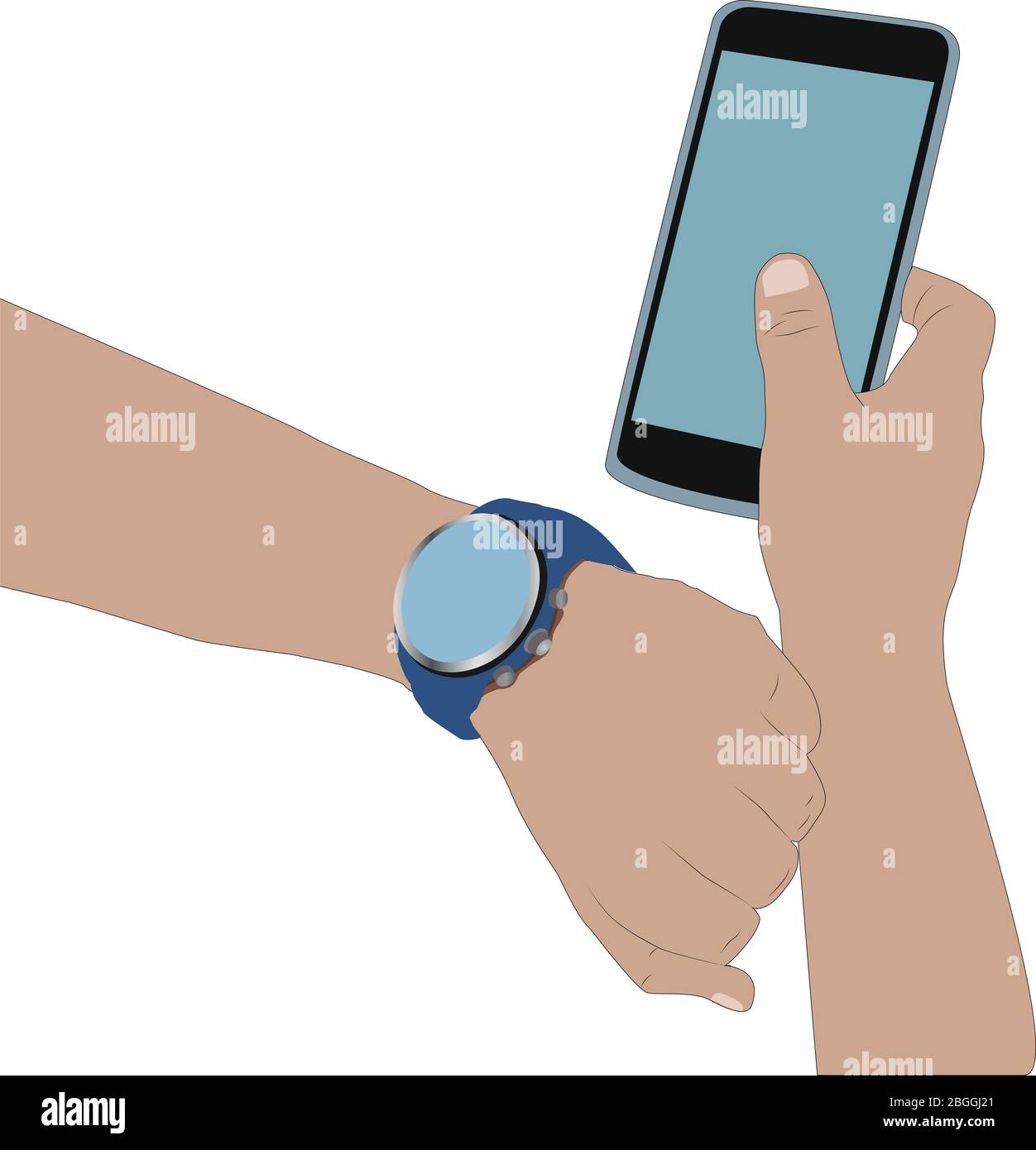 Reloj inteligente que se conecta con teléfono móvil unisex manos planas  ilustración Fotografía de stock - Alamy