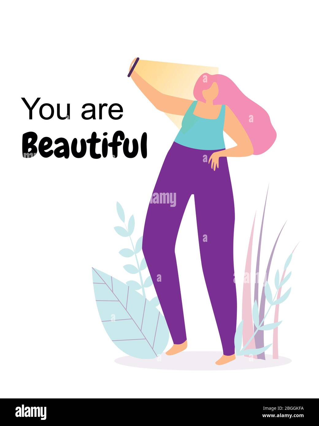 Eres hermoso. Joven mujer feliz hacer Selfie de pie en el campo entre las hojas y la hierba. Pensamiento positivo, equilibrio emocional, psicolo mente abierta Ilustración del Vector