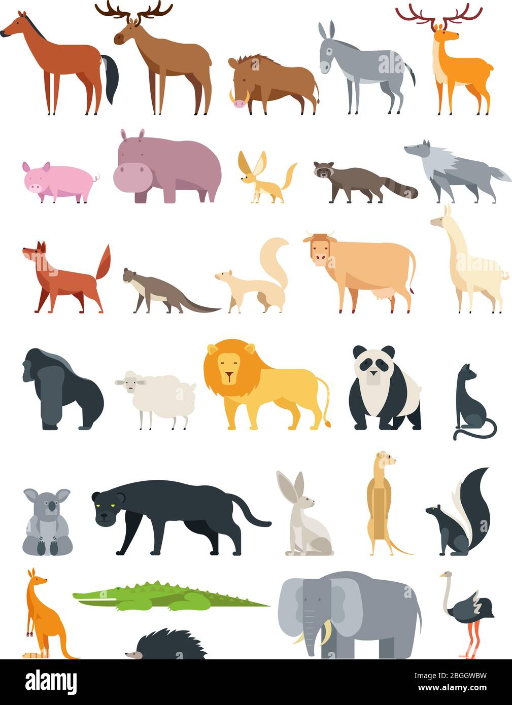 Animales de dibujos animados lindos. Colección de vectores forestales,  sabanas y animales de granja aislados sobre blancos. Ilustración de koala y  hipopótamo, canguro y mapache Imagen Vector de stock - Alamy