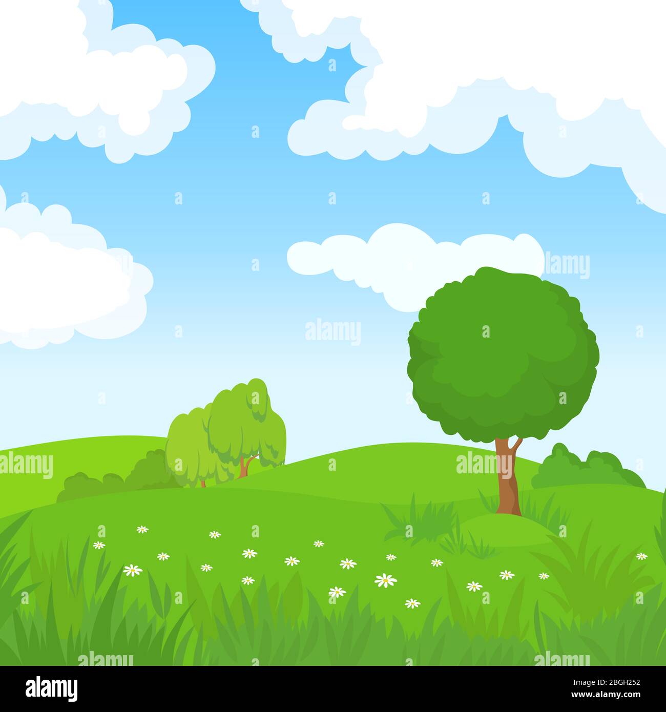Paisaje de verano con dibujos animados con árboles verdes y nubes blancas  en el cielo azul. Parque forestal fondo vectorial panorámico. Parque verde  de verano, paisaje natural, ilustración de césped Imagen Vector