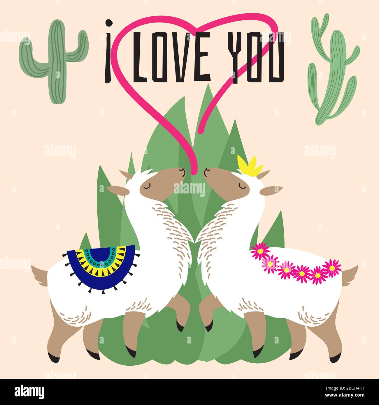 Bonita alpaca de dibujos animados en el amor - diseño de tarjeta de lama mexicana. Ilustración vectorial Ilustración del Vector