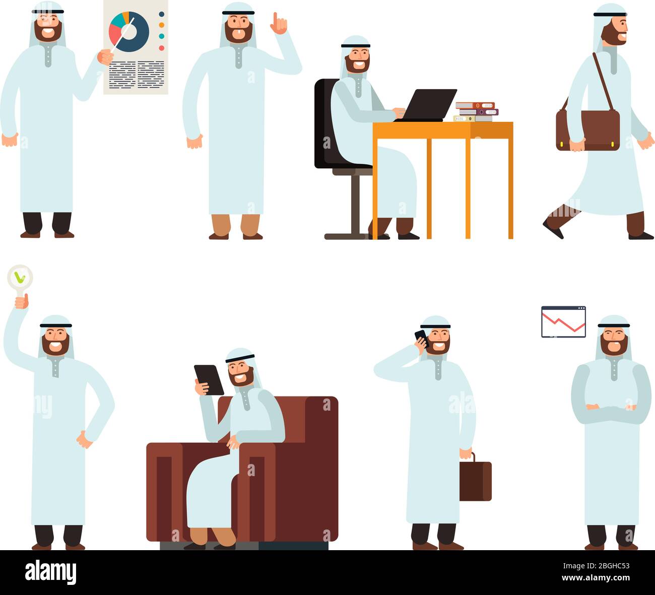 Hombre árabe en ropa étnica tradicional islámica saudí en diferentes  situaciones de negocios. Caracteres vectoriales árabes establecidos  aislados. Ilustración de la gente el carácter islam en el trabajo de  negocios Imagen Vector