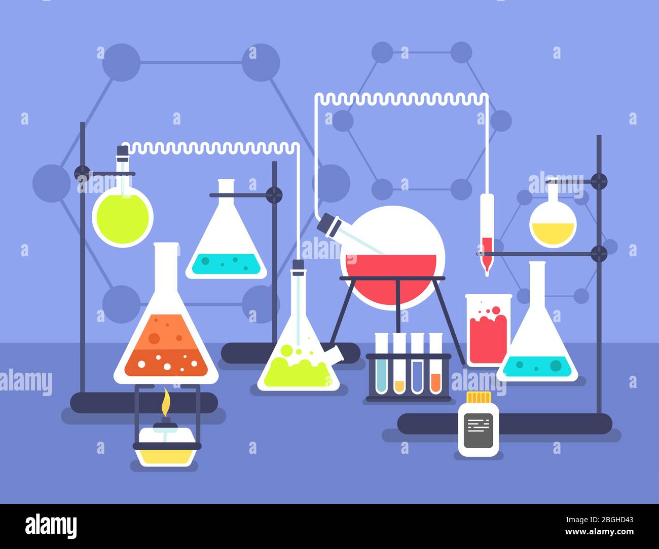 Experimento de laboratorio de química. Investigación de laboratorio de ciencia de tecnología. Concepto de vector plano químico de laboratorio. Ilustración de la educación, investigación y experimentación en química científica Ilustración del Vector