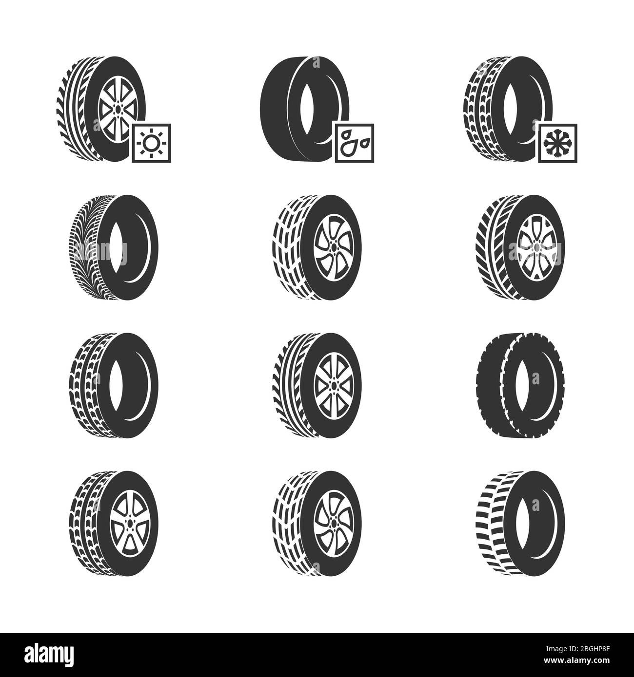 Neumáticos para coche, iconos de vector de servicio de disco de rueda auto aislados en blanco. Ilustración vectorial Ilustración del Vector