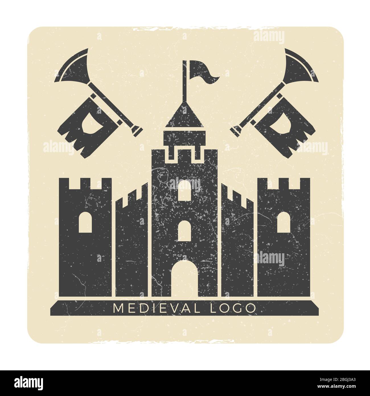 Grunge castillo medieval logotipo vector diseño. Castillo edificio medieval, torre fortaleza silueta ilustración Ilustración del Vector