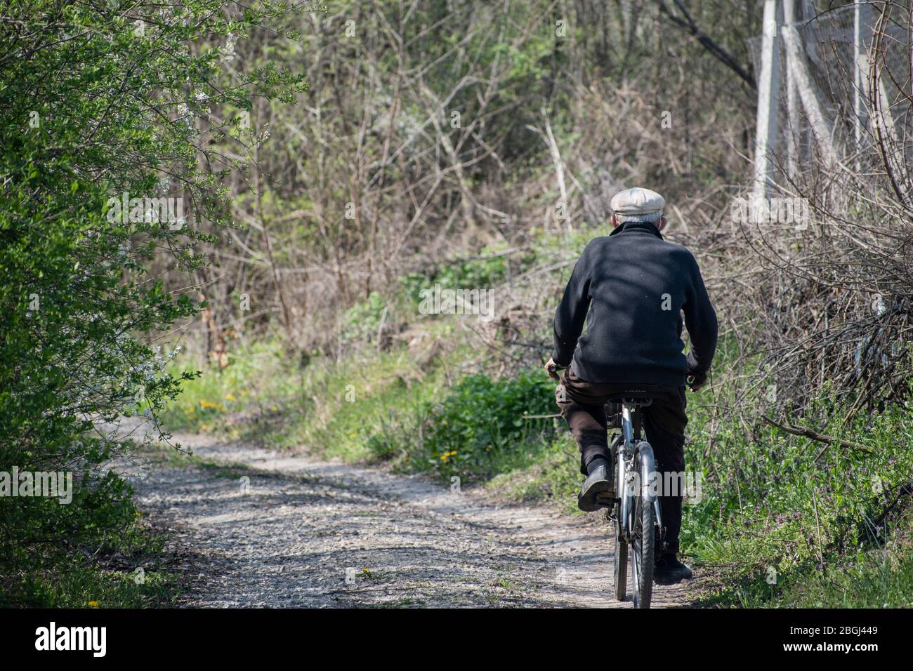 Hombre mayor que monta una bicicleta en carretera en el medio rural en Serbia, Europa Foto de stock