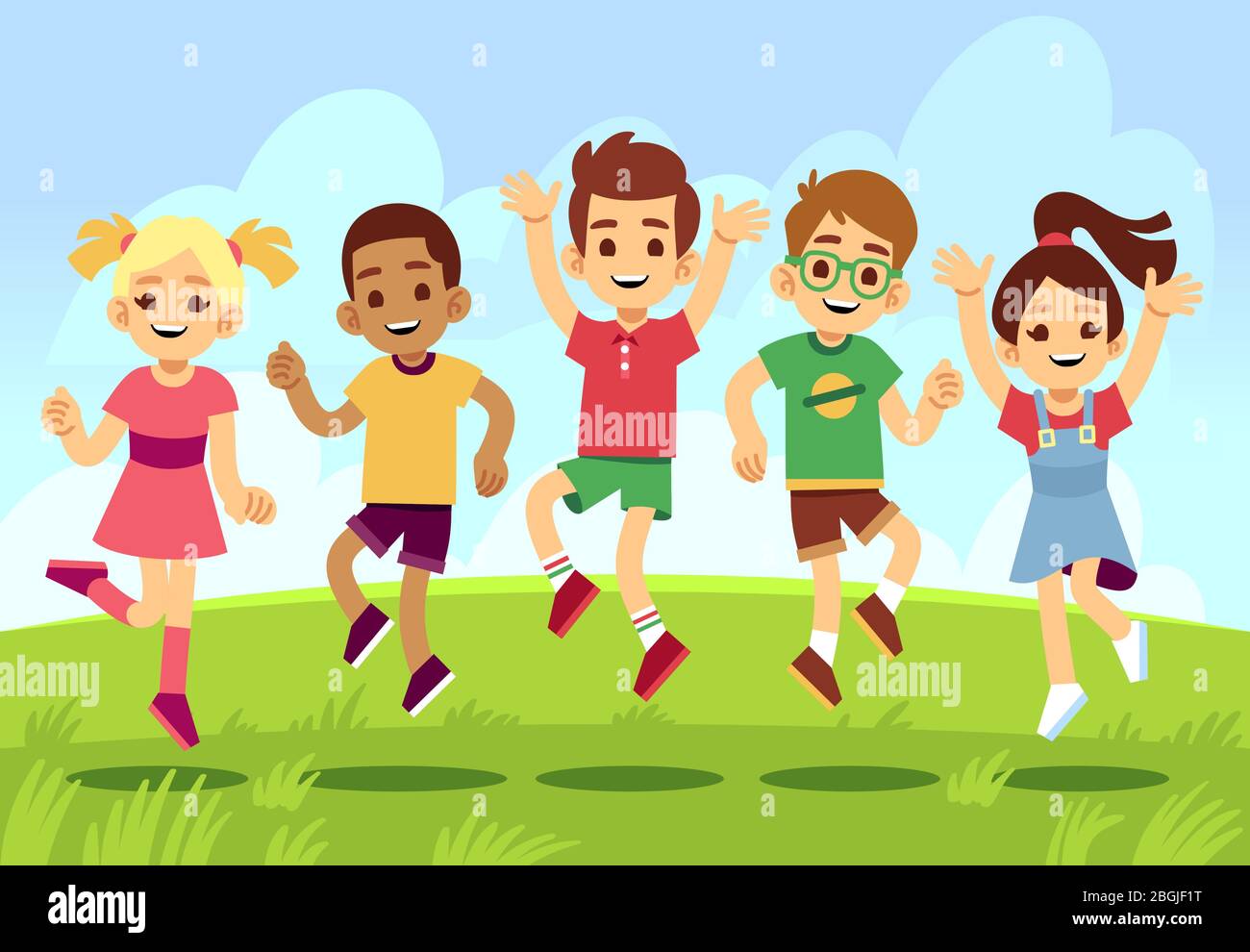 Niños felices, niños y niñas jugando y saltando al aire libre. Verano  vacaciones vector concepto con dibujos animados ejercicio y sonriendo  niños. Ilustración de la actividad de niña y niño y alegre
