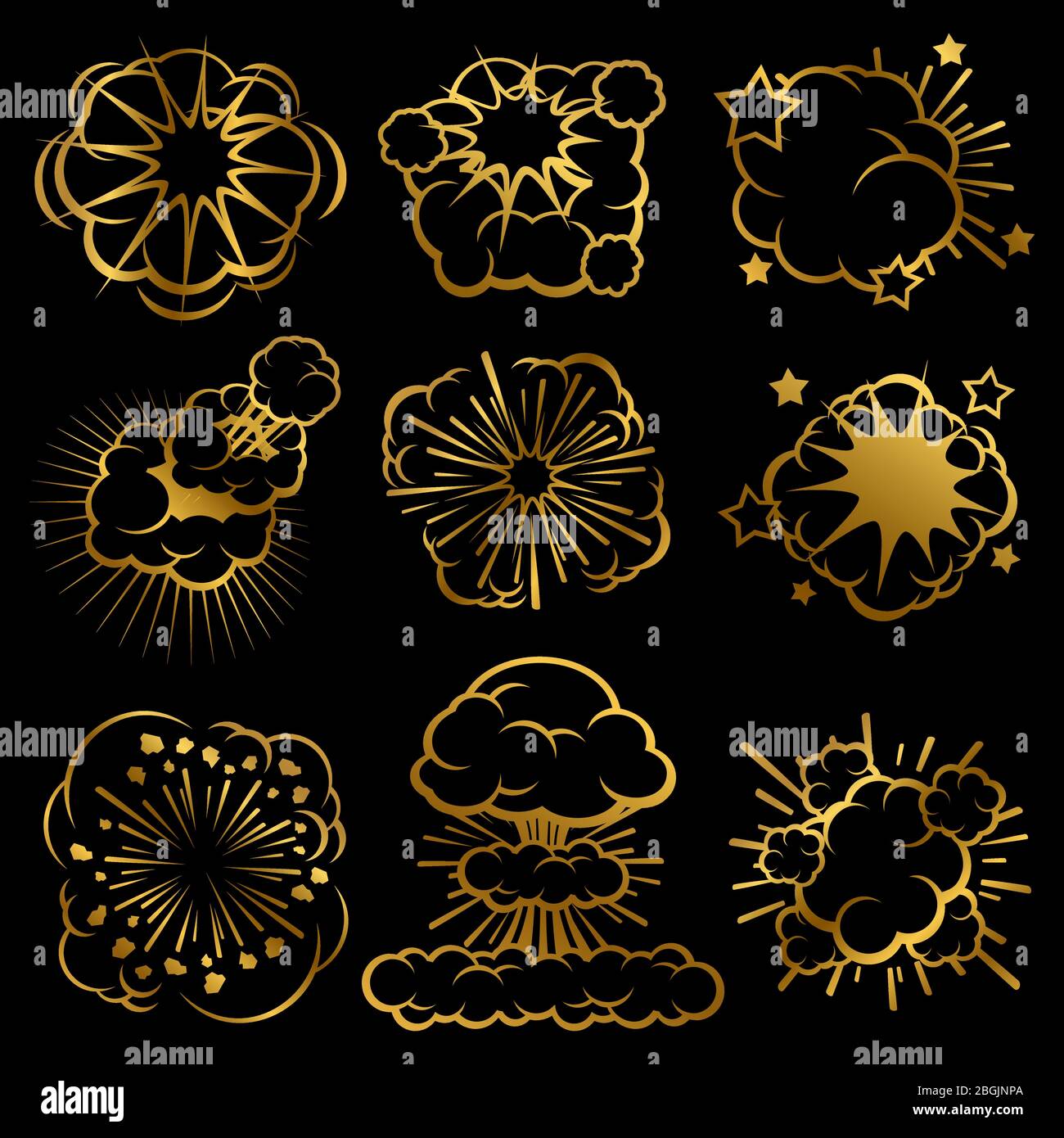Nubes de explosión de oro. Cómic humo anillos vector conjunto de colección ilustración Ilustración del Vector