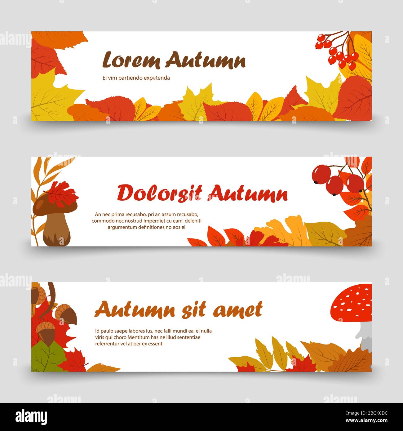 Banners de octubre. Hojas de oro de otoño en carteles pancartas horizontales de conjunto. Ilustración vectorial Ilustración del Vector