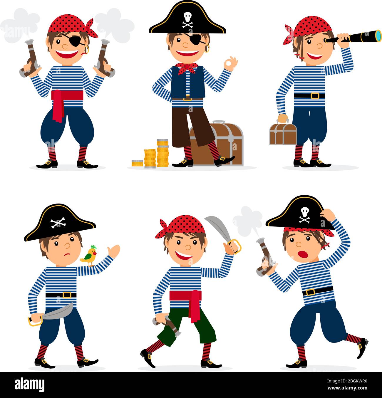 Pirata niño fiesta disfraz disfraz de disfraz de disfraz. Pequeño pirata  con loro, pistola y tesoros. Ilustración vectorial Imagen Vector de stock -  Alamy